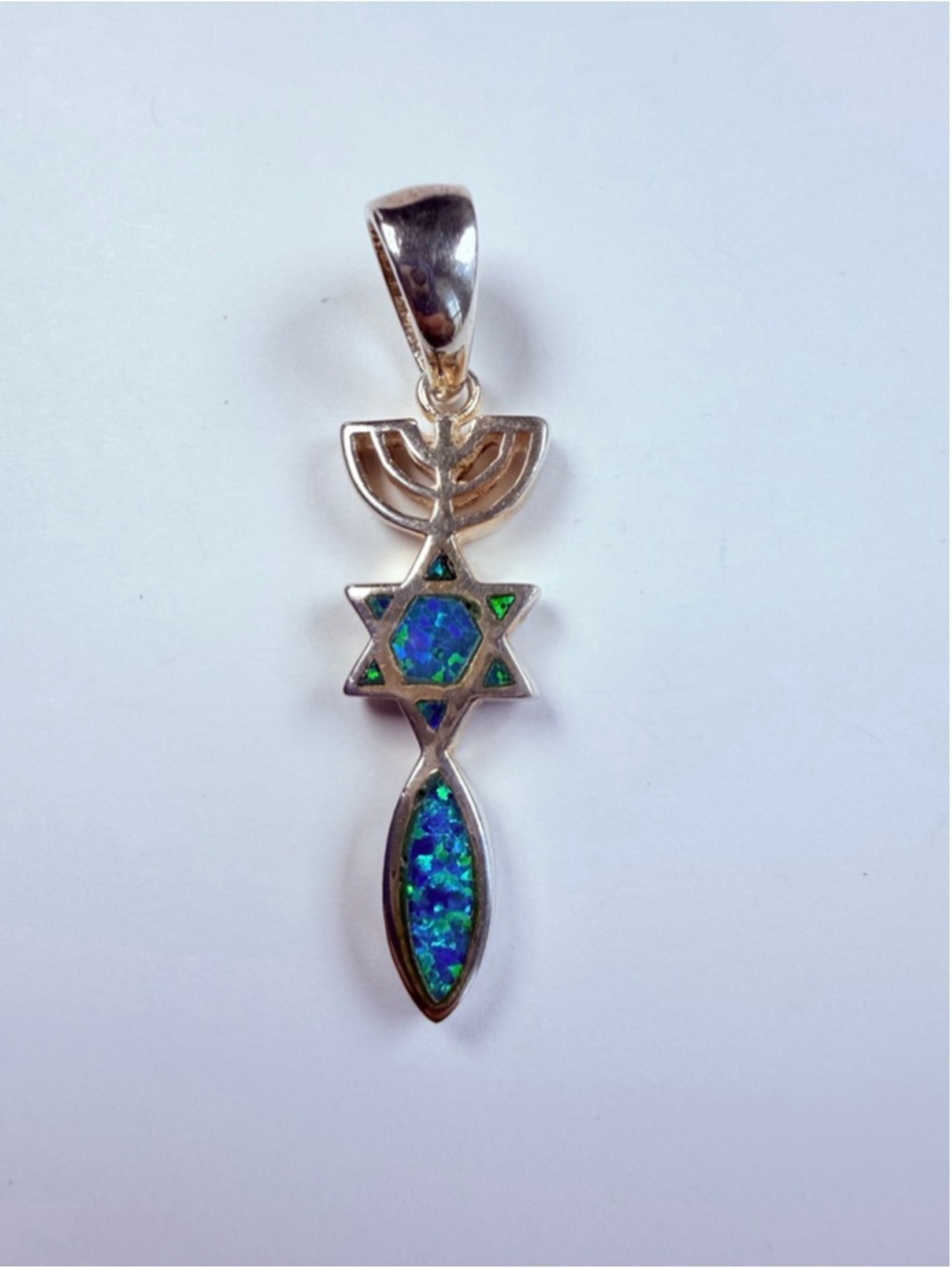Messianic Blue Opal Inlay Jewish Star of David Menorah Sterling Silver Pendant